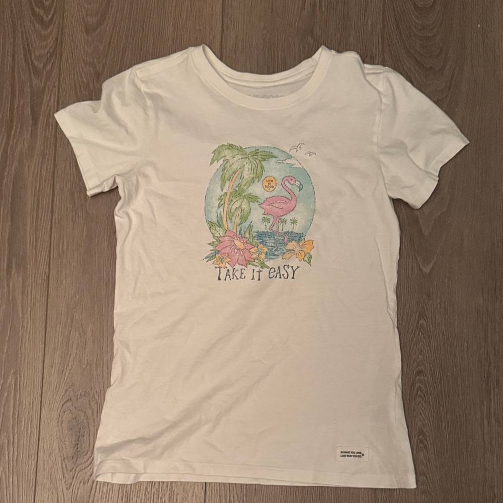 Life Is Good White T-Shirt with Flamingo and Palm Graphic